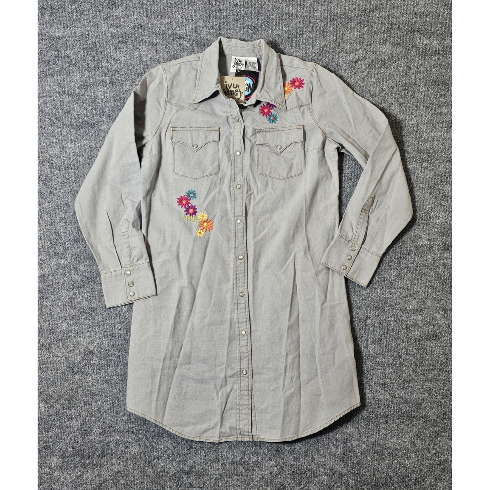 Ivy Jane Pearl Snap Western Shirt Dress  Medium Embroidered Floral‎ Linen Blend